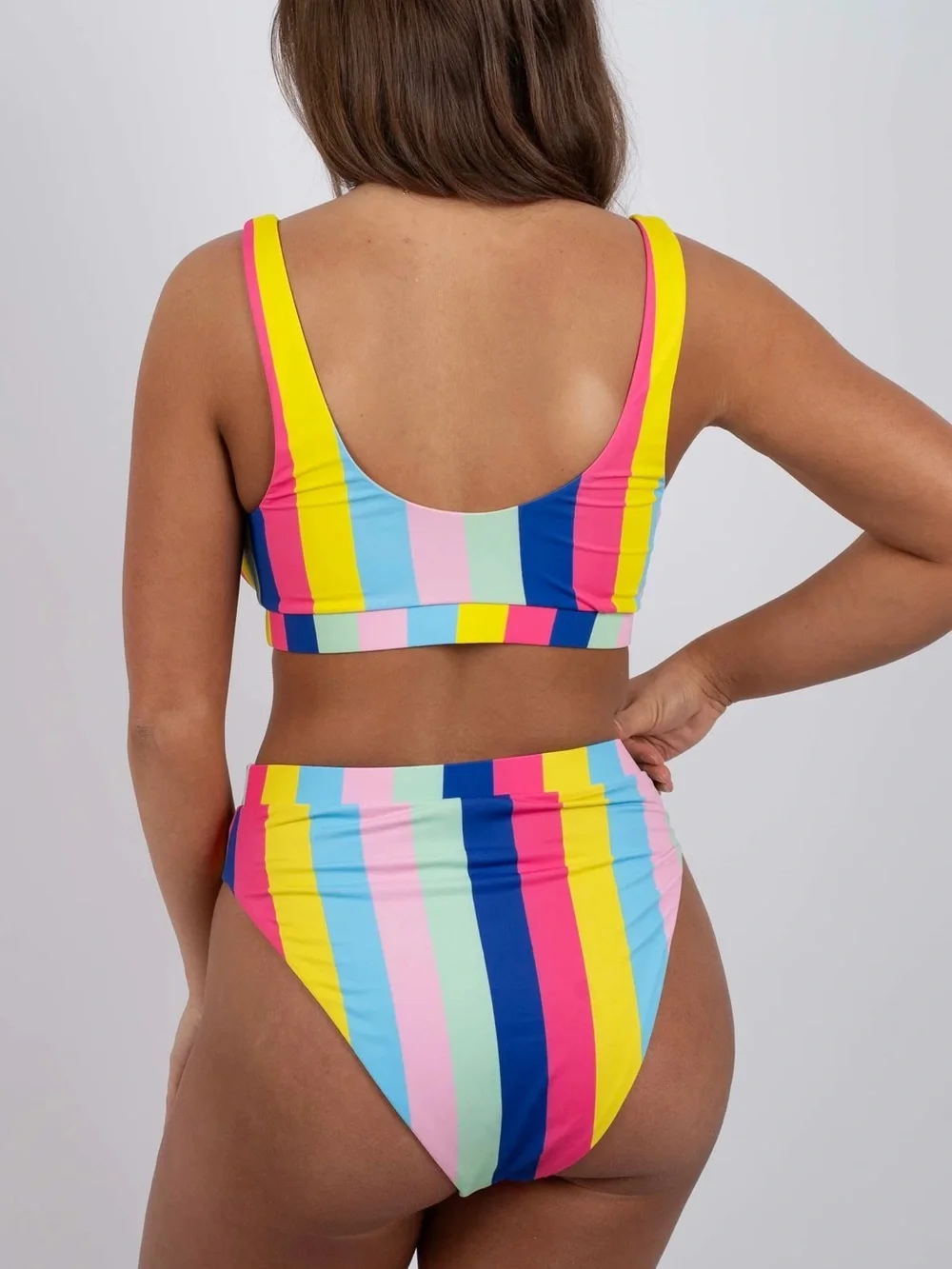 Blushing Brunette Vertical Stripe Scoop Bikini Top & High Waist Bottoms